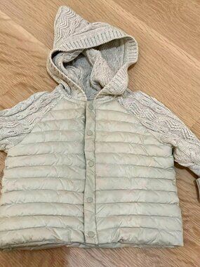 Bonpoint Hooded Down Puffer Jacket Knit Sleeves Gray 18 Months